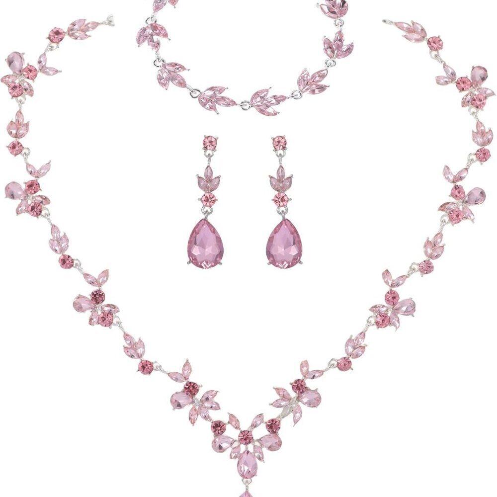 Bridal Jewelry Set Zinc Crystal Necklace Earrings Bracelet Silver Gold Plated